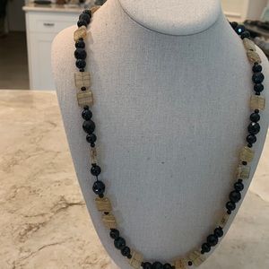 Vintage 17.5” black onyx like round and gold square beaded necklace.  No clasp.